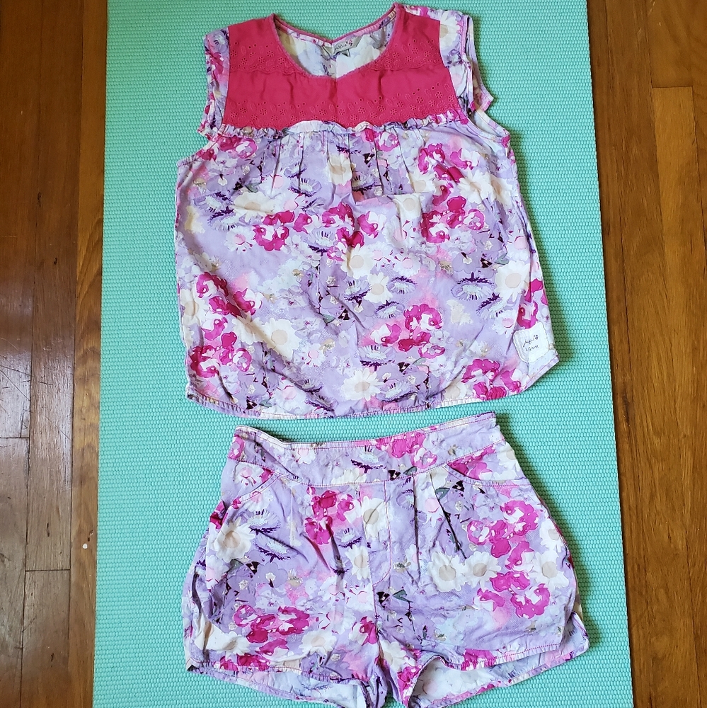 Jubbie women' junior' 100% cotton pink purple floral frilled cute loungewear set